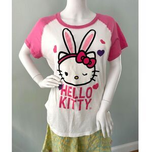 Hello Kitty Easter Bunny Light Pink and White Baseball Tee size Junior XXL 19